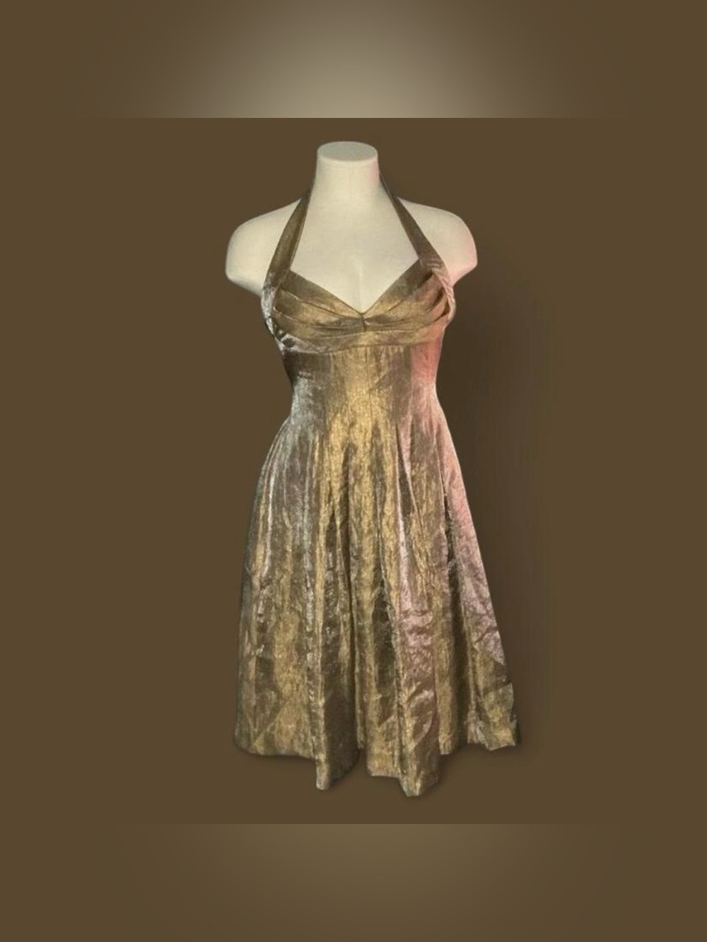 London Times Metallic Gold Halter Fit-and-Flare Dress
